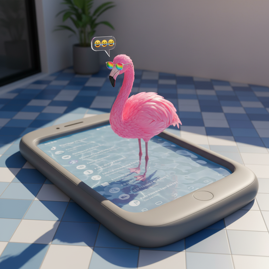 An AI-generated flamingo with perfectly smooth, bubblegum-pink feathers that look subtly plastic, standing in an inflatable kiddie pool shaped like a retro smartphone, its water surface scrolling with faint, ghosted TikTok UI elements. The flamingo wears tiny holographic sunglasses and has a small, floating speech bubble showing glitchy laughing emojis. Bright afternoon sunlight pours in from an unseen window, casting crisp reflections on the water and creating high-contrast shadows on the tiled patio floor. Photographic realism with saturated colors, captured from a slightly elevated angle using rule-of-thirds composition. The mood is absurd yet clean and modern, like a high-end product shoot for a ridiculous AI meme pet, background tastefully minimal with just enough blur to keep focus on the bird’s comedic elegance.