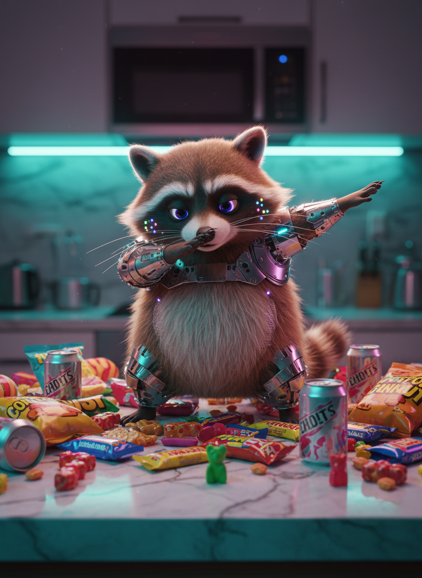 A chubby AI-generated raccoon with shimmering, metallic-fur patches and tiny LED-like freckles on its cheeks, dramatically frozen mid-dab on a kitchen countertop overflowing with cartoonishly bright digital snacks. The marble counter reflects distorted, pixelated colors as if the scene exists partially in augmented reality. Neon-tinted, diffused light streams from under-cabinet strips, casting playful cyan and magenta highlights on the raccoon’s whiskers and mask. The atmosphere is chaotic and mischievous, capturing the moment like a meme screenshot. Photographic realism with a slight cyberpunk twist, shot from a slightly low angle to make the raccoon look like an overconfident TikTok star, background softly blurred to emphasize its goofy pose and glowing, animated eyes.
