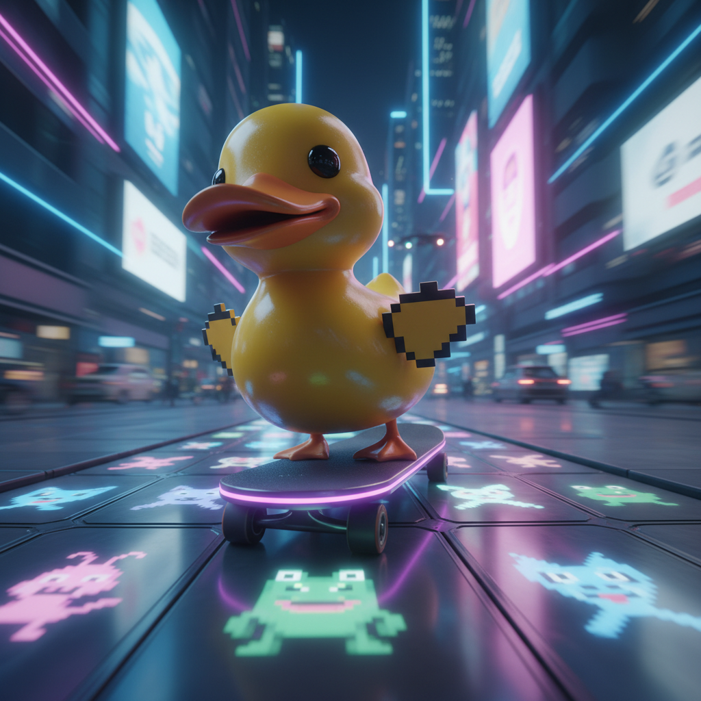 A hyper-energetic AI-generated duck with a slightly rubbery, high-gloss yellow body and tiny pixel-art wings, skateboarding down a glowing, Tron-like city sidewalk made of animated LED panels. Each panel displays faint looping memes of different abstract animals as it rolls by. Cool blue and magenta light from virtual billboards rim-light the duck’s beak and board edges, creating dynamic reflections on the polished surface. Photographic realism with motion blur on the background and wheels, captured from a low, action-sports angle as if shot with a GoPro. The atmosphere is fast, chaotic, and delightfully ridiculous, echoing the vibe of viral TikTok clips. The composition centers the duck with lead-room into the direction of travel, emphasizing momentum and comedic confidence.