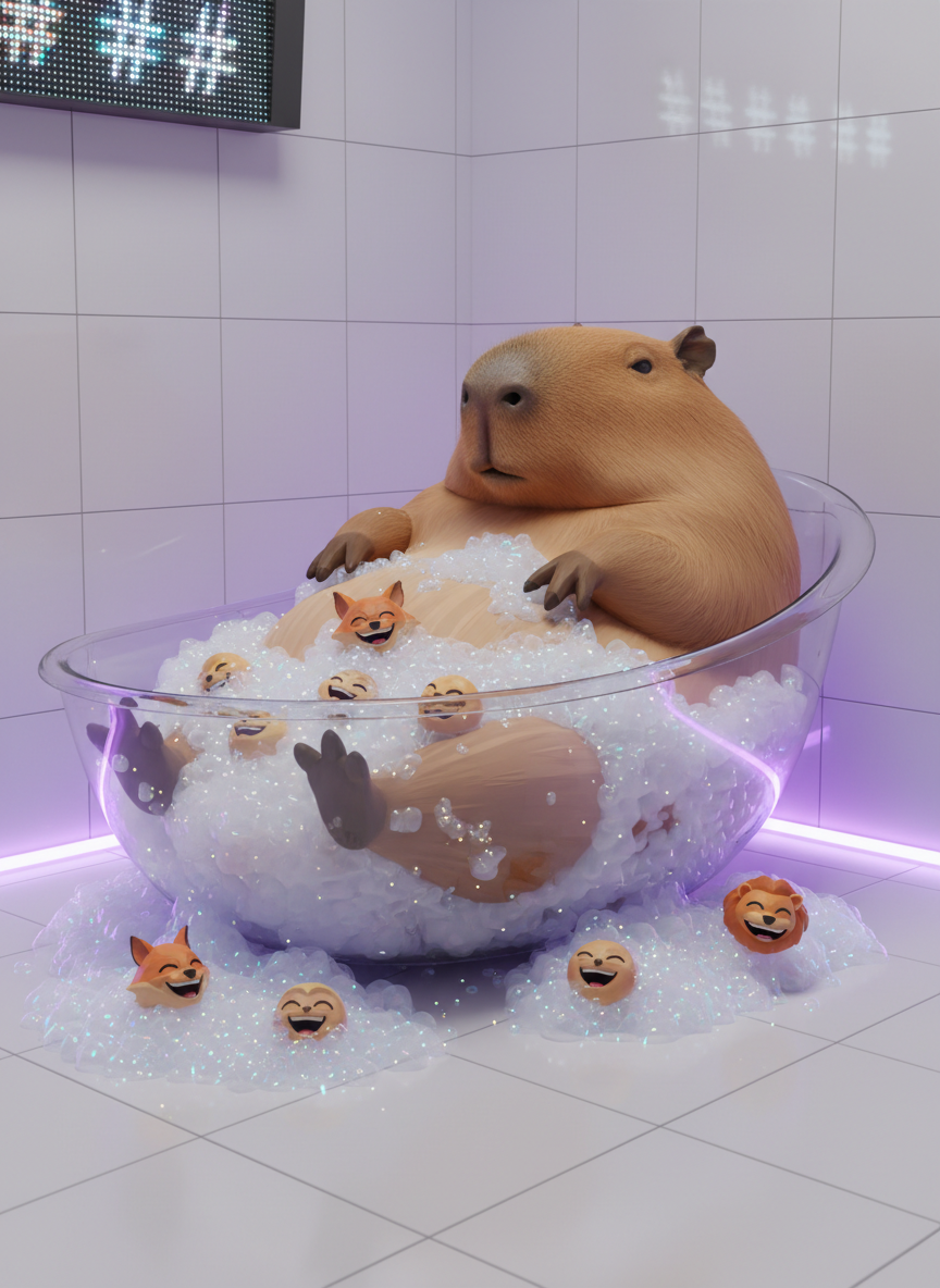 A rotund AI-generated capybara with fur that subtly transitions into low-poly geometric facets near its paws, lounging in a clear acrylic bathtub overflowing with rainbow bubble foam that forms random, laughing animal faces. The tub sits in a sleek, high-tech bathroom with glossy white tiles and a neon-purple LED strip along the floor. Soft, diffused studio lighting fills the space, giving the bubbles a gentle iridescent glow and catching tiny digital artifacts in the capybara’s fur. Shot at eye level with a medium depth of field so the capybara is crisp while the back wall signage reading a blurred hashtag wall recedes. The vibe is strangely luxurious, calm yet comically over-the-top, in a photographic style that feels like a parody of influencer spa content featuring an AI animal star.