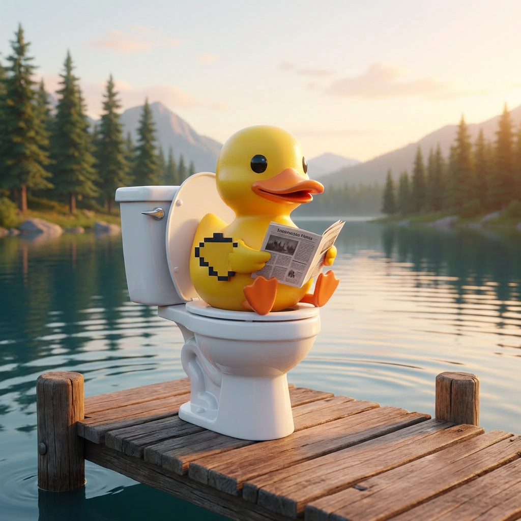 A yellow rubber duck sitting on a toilet reading a newspaper on a wooden pier.