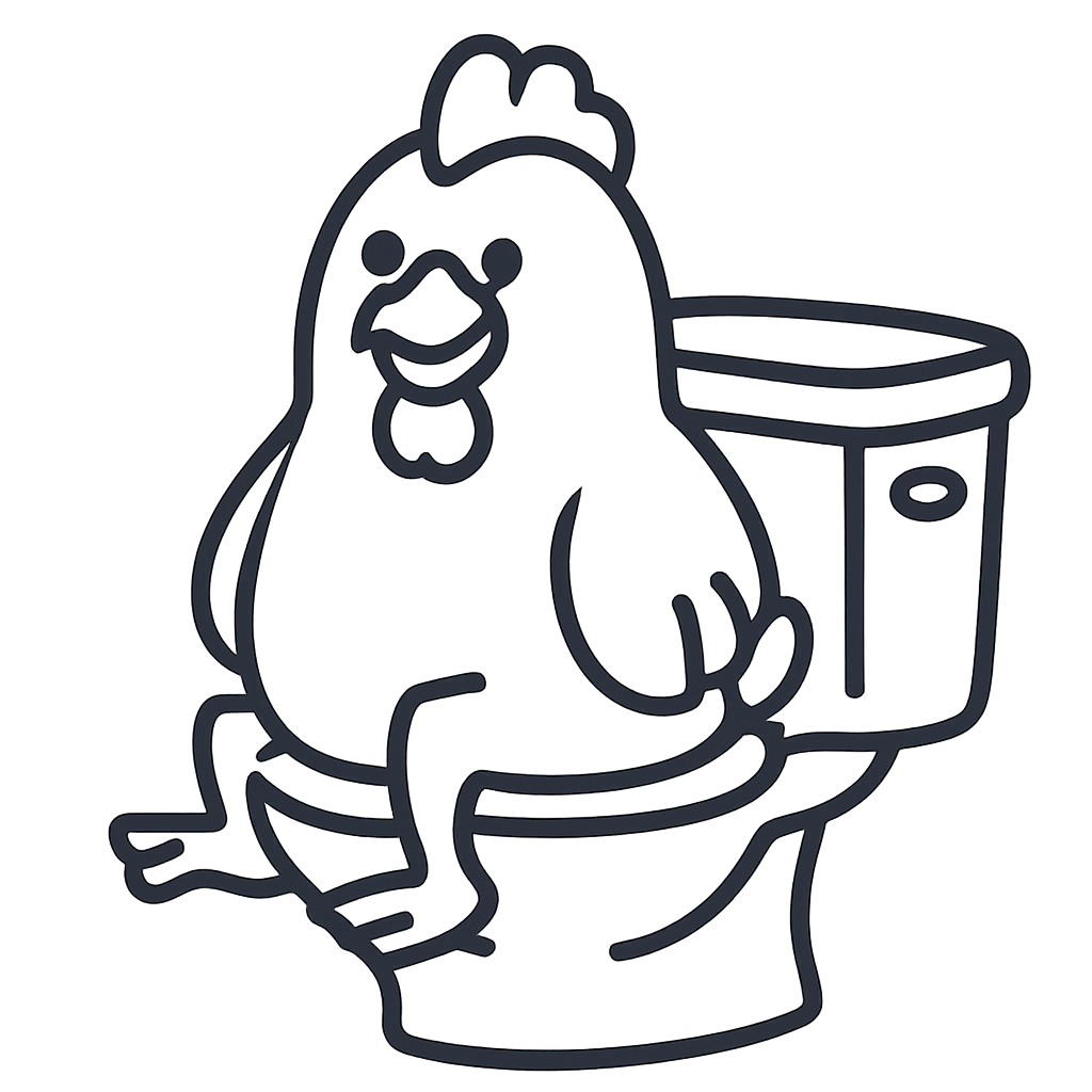 funny chicken sitting on a toilet in Pixar 3D style, playful 3D mascot logo for AI Animals